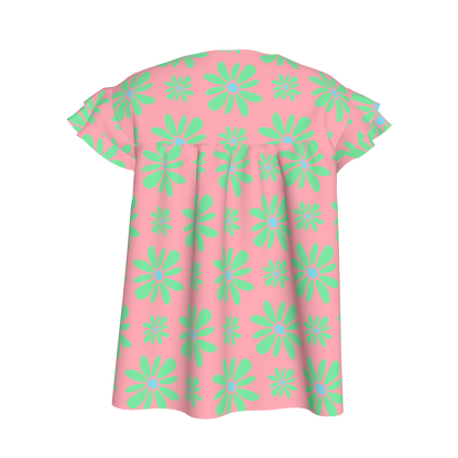 Kid's Ruffled Sleeve Top Flower Bloom in Pink & Bright Green in Light Cotton Slub