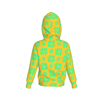 Kid's Pullover Hoodie in Flower Bloom in Yellow & Bright Green in Fleece Back Stretch Organic Terry