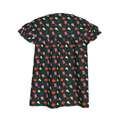 Kid's Ruffled Sleeve Top in Evergreen Painted Poppies