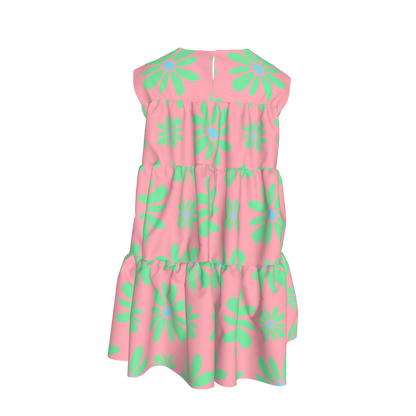 Kid's Ruffle Dress with Lining in Flower Bloom Pink & Light Green in Cotton Spandex Lightweight Jersey