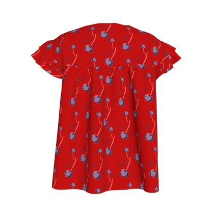 Kid's Ruffled Sleeve Top in Sprinkle Flowers Red in Light Cotton Slub