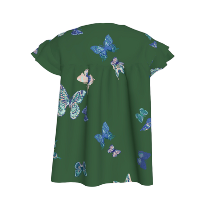 Kid's Ruffled Sleeve Top in Emerald Fluttering Butterflies