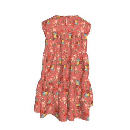 Kid's Ruffle Dress With Lining in Belle Flowers in Pink in Light Cotton Slub