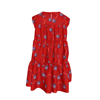 Kid's Ruffle Dress With Lining in Sprinkle Flowers Red in Light Cotton Slub