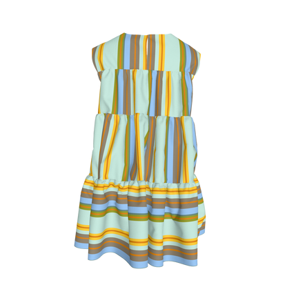 Kid's Ruffle Dress With Lining in Stripes Light Blue & Orangein Light Cotton Slub