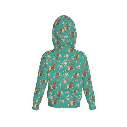 Kid's Pullover Hoodie in Belle Flowers Bright Blue in Fleece Back Stretch Organic Terry