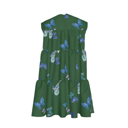 Kid's Ruffle Dress With Lining in Emerald Fluttering Butterflies