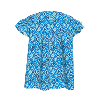 Kid's Ruffled Sleeve Top in Aqua Argyle