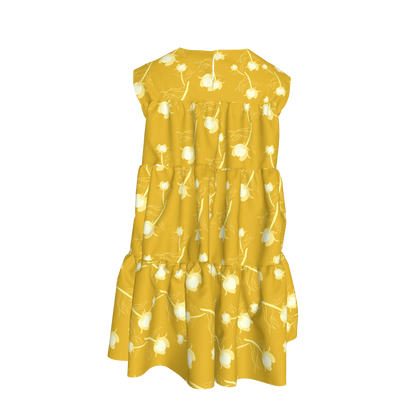 Kid's Ruffle Dress With Lining in Sprinkle Flowers Yellow in Light Cotton Slub