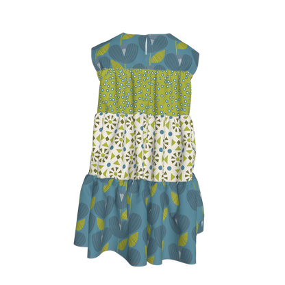 Teal, White & Green Ruffle Dress with Lining