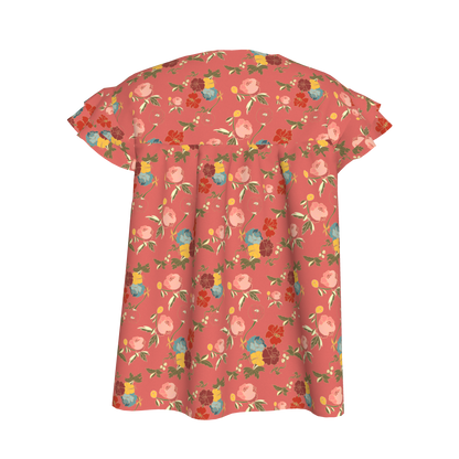 Kid's Ruffled Sleeve Top in Belle Flowers Pink in Light Cotton Slub