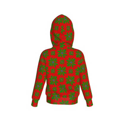 Kid's Pullover Hoodie in Flower Bloom Red & Bright Green in Fleece Back Stretch Organic Terry