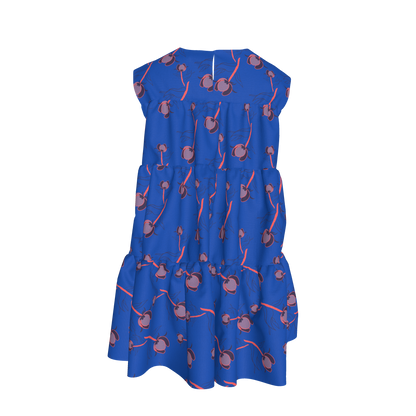 Kid's Ruffle Dress With Lining in Sprinkle Flowers in Blue in Light Cotton Slub