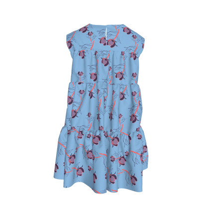 Kid's Ruffle Dress With Lining in Sprinkle Flowers Light Blue in Light Cotton Slub