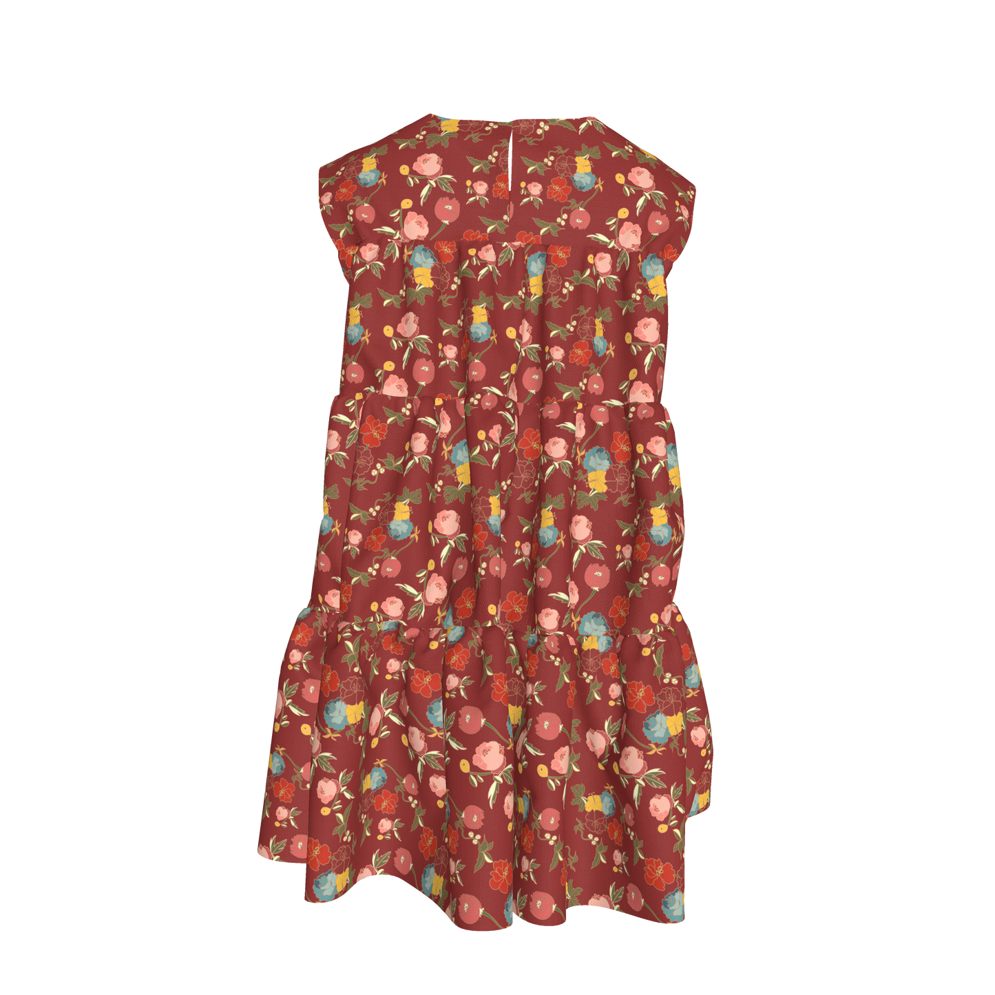 Kid's Ruffle Dress With Lining in Belle Flowers in Red in Light Cotton Slub