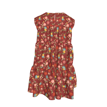 Kid's Ruffle Dress With Lining in Belle Flowers in Red in Light Cotton Slub