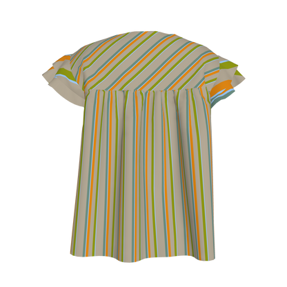 Kid's Ruffled Sleeve Top in Stripes Earthtones in Light Cotton Slub