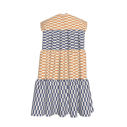 Blue & Yellow Gingham Mix Ruffle Dress with Lining