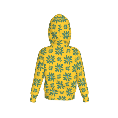 Kid's Pullover Hoodie in Flower Bloom in Yellow & Acqua in Fleece Back Stretch Organic Terry