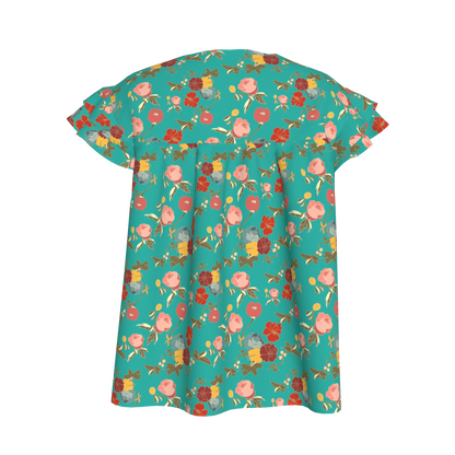 Kid's Ruffled Sleeve Top in Belle Flowers Bright Blue in Light Cotton Slub