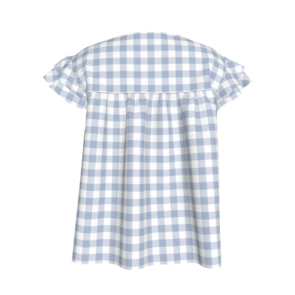 Ruffled Sleeve Top in Pastel Blue Gingham