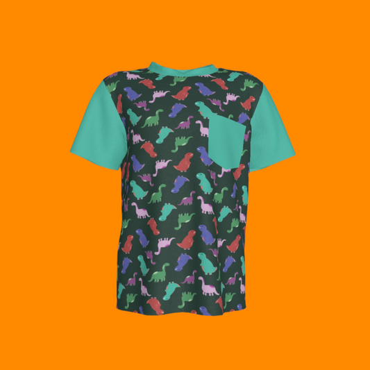 Teal Dino Party Pocket T-Shirt