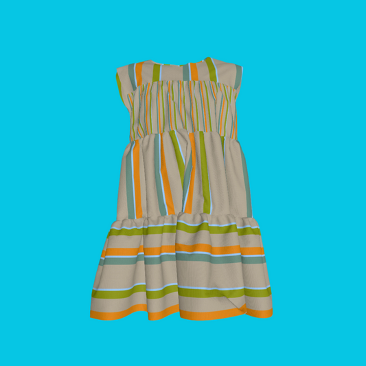 Kid's Ruffle Dress With Lining in Stripes Earthtones in Light Cotton Slub