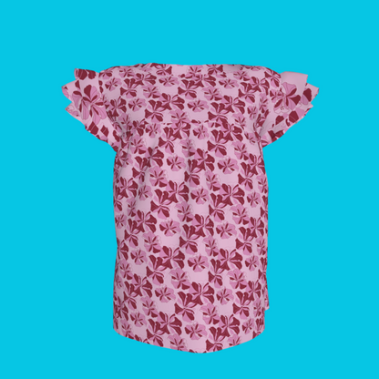 Kid's Ruffled Sleeve Top in Tropical Cayena Pink in Light Cotton Slub