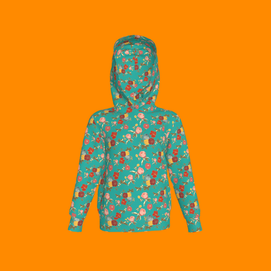 Kid's Pullover Hoodie in Belle Flowers Bright Blue in Fleece Back Stretch Organic Terry