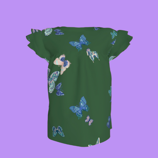 Kid's Ruffled Sleeve Top in Emerald Fluttering Butterflies