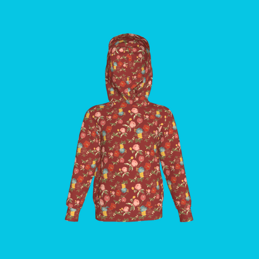 Kid's Pullover Hoodie in Belle Flowers Red in Fleece Back Stretch Organic Terry
