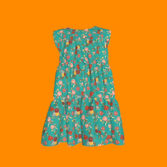 Kid's Ruffle Dress With Lining in Belle Flowers in Bright Blue in Light Cotton Slub
