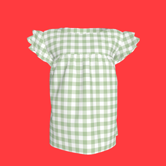 Ruffled Sleeve Top in Pastel Green Gingham