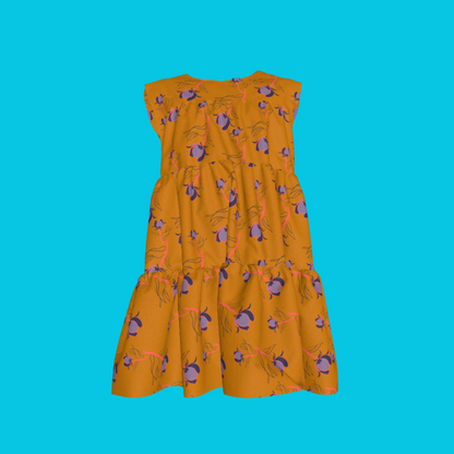 Kid's Ruffle Dress With Lining in Sprinkle Flowers in Orange in Light Cotton Slub