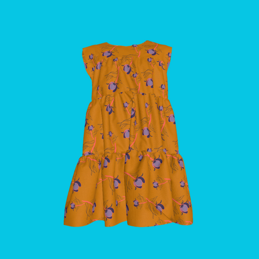 Kid's Ruffle Dress With Lining in Sprinkle Flowers in Orange in Light Cotton Slub