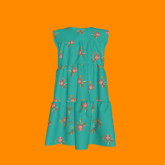 Kid's Ruffle Dress in Belle Bloom in Blue Dress in Lightweight Cotton Slub