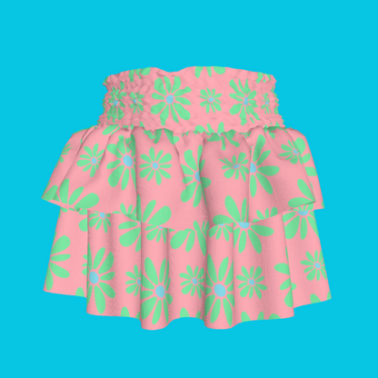 Kid's Smocked Skirt in Flower Bloom in Pink and Bright Green in Light Cotton Slub