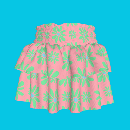 Kid's Smocked Skirt in Flower Bloom in Pink and Bright Green in Light Cotton Slub