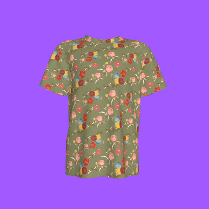 Kid's Pocket T-Shirt in Belle Flowers Green in Cotton Spandex Lightweight Jersey