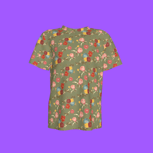 Kid's Pocket T-Shirt in Belle Flowers Green in Cotton Spandex Lightweight Jersey