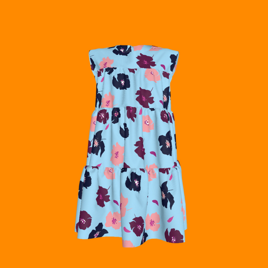 Kid's Ruffle Dress With Lining in Light Blue Poppies