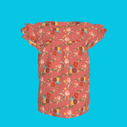 Kid's Ruffled Sleeve Top in Belle Flowers Pink in Light Cotton Slub