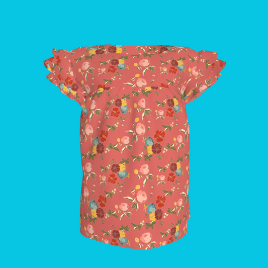 Kid's Ruffled Sleeve Top in Belle Flowers Pink in Light Cotton Slub
