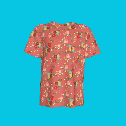 Kid's Pocket T-Shirt in Belle Flowers Pink in Cotton Spandex Lightweight Jersey