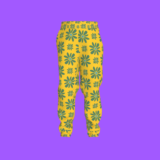 Kid's Jogger in Flower Bloom Yellow & Acqua in Heavy French Terry White