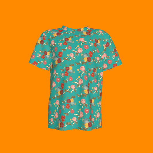 Kid's Pocket T-Shirt in Belle Flowers Bright Blue in Cotton Spandex Lightweight Jersey