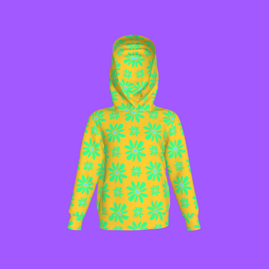 Kid's Pullover Hoodie in Flower Bloom in Yellow & Bright Green in Fleece Back Stretch Organic Terry