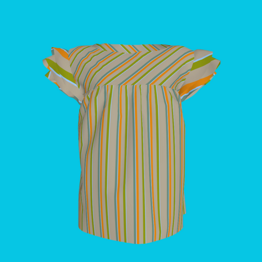 Kid's Ruffled Sleeve Top in Stripes Earthtones in Light Cotton Slub