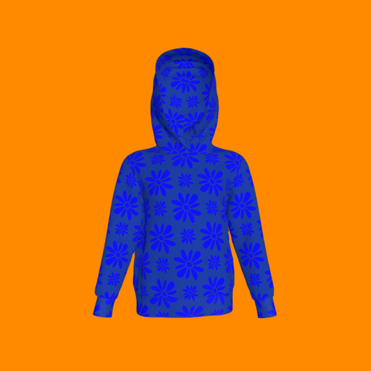 Kid's Pullover Hoodie in Flower Bloom Bright Blue in Fleece Back Stretch Organic Terry