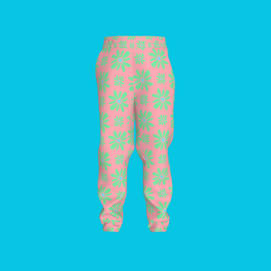 Flower Bloom Bright Green & Pink Jogger in Heavy French Terry white